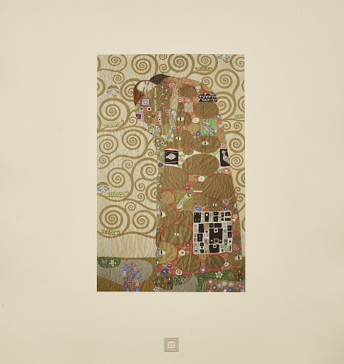 Entwurfszeichnung Die Erfüllung für den Mosaikfries im Speisesaal des Palais Stoclet in Brüssel, 1908-1910. Farblichtdruck aus der Mappe "Gustav Klimt. Eine Nachlese", hrsg. von Max Eisler, Druck und Verlag der Österreichischen Staatsdruckerei, Wien