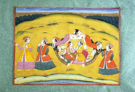 The Hindu deity Krishna and his beloved Radha in composite palanquin