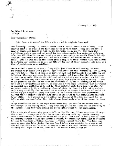 Letter from Charles M. Adams to Chancellor Edward Kidder Graham, Jr., January 17, 1956 Page 1