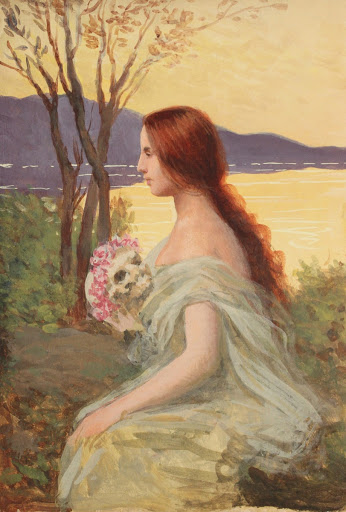 Figura feminina segurando um crânio com flores