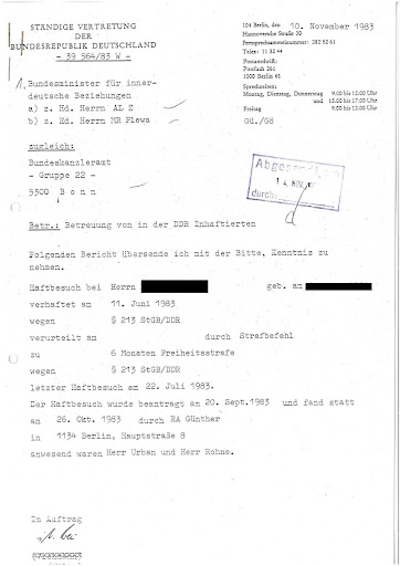 Haft in der DDR, Mitteilung der StäV zum Haftbesuch 1983