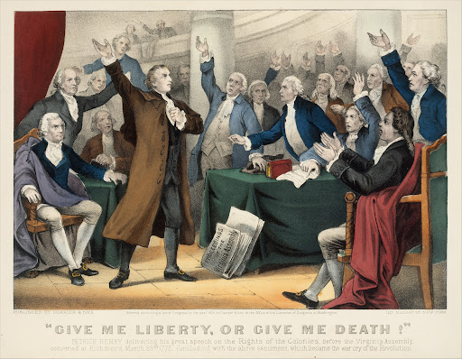 "Give Me Liberty or Give Me Death!–Patrick Henry delivering his great speech on the Rights of the Colonies, before the Virginia Assembly, convened at Richmond, March 23rd, 1775. Concluding with the above sentiment, which became the war cry of the Revolution"