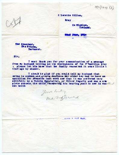 Letter from Mabel FitzGerald, Co. Wicklow to the Governor, HM Prison Dartmoor