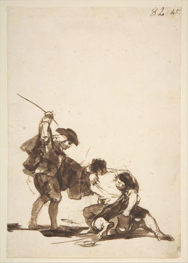 A man with a raised whip breaking up a fight between two figures; folio 82 from the Images of Spain Album 'F'