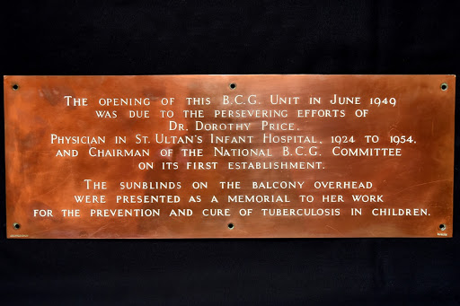 Plaque commemorating Dr Dorothy Stopford Price's contribution to the BCG unit, and to St Ultan's Hospital