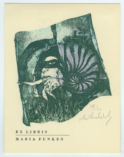 023. Bookplate. MARIA FUNKEN. Masked face with shell.