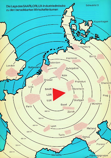 Der Plan von 1968 belegt grafisch den namentlichen Ursprung von SaarLorLux im alten Montandreieck sowie die Zentralität der Region in Europa.