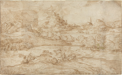 Landscape with Shepherds Driving Away a Wolf