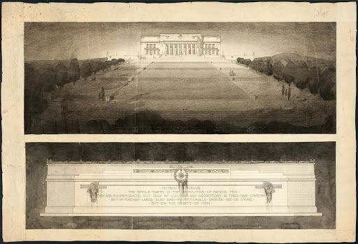 Auckland War Memorial and Museum Competition drawing: Facade from below showing avenue to Cenotaph and Pericles inscription