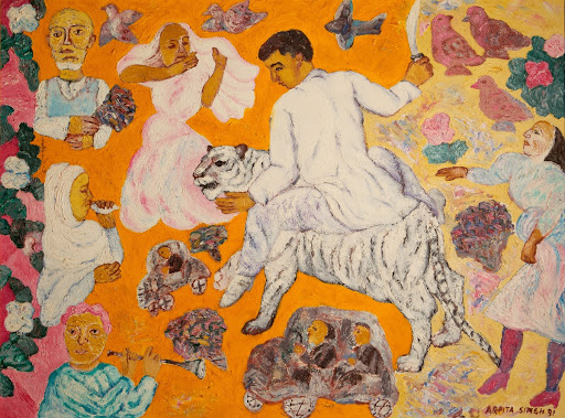 Man on white tiger with clay birds