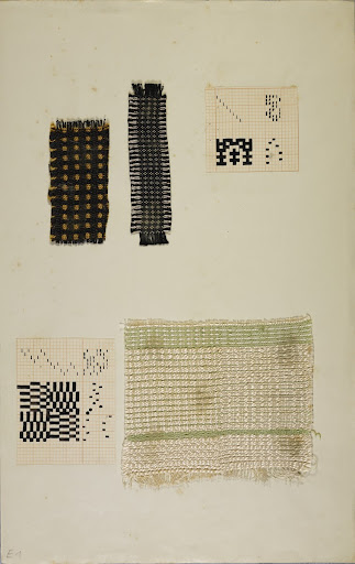 Untitled (Three fabric samples and two warping cards on graph paper; from Benita Koch-Otte's class at Burg Giebichenstein Halle)