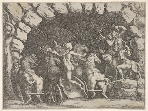 Pluto, seen from behind, entering the Underwold on his chairot, Cereberus and three Furies to right, from 'Giove che fulmina li giganti', after the frescoes on the ceiling of the Sala dei Giganti designed by Giulio Romano for the Palazzo del Te, Mantua