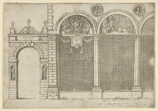 The arcade of the palace of the Archbishop of Bologna with temporary decorations for the entry of Pope Clement VIII in Bologna in 1598