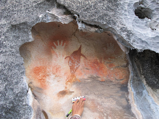 Drawing of fish between hand stencils in Misool, Papua
