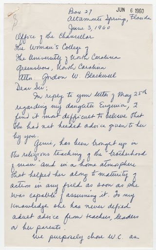 Letter from parent of a WCUNC student about her daughter's participation in the Greensboro sit-ins Page 1