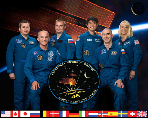 Expedition 48 crew portrait with 46S crew (Jeff Williams, Oleg Skripochka, Aleksei Ovchinin) and 47S crew (Anatoli Ivanishin, Kate Rubins, Takuya Onishi). Photo Date: June 26, 2015. Location: Building 8, Room 183 - Photo Studio. Photographer: Bill Stafford.