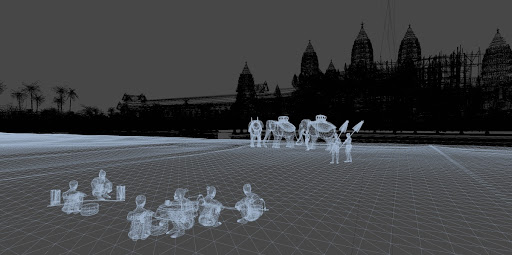 Visualising Angkor: wireframe of seated figures and elephants at the eastern 3rd enclosure gates of Angkor Wat