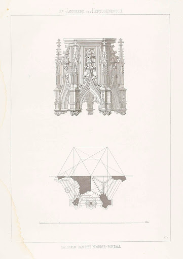 Doorsnede en vooraanzicht van het baldakijn aan het noordportaal