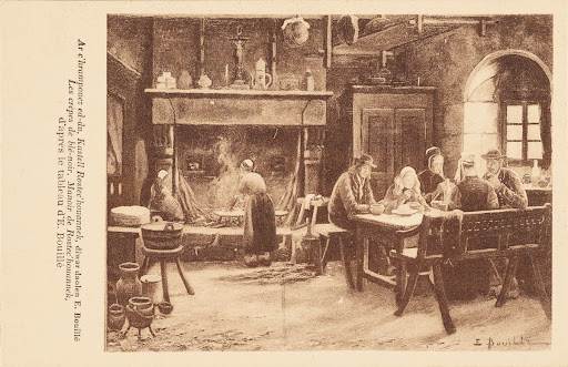 Ar c'hrampouez ed-du, Kastell Rostec'houannek, diwar daolen E; Bouillé Les crèpes de blé-noir, Manoir de Rostec'houannek, d'après le tableau d'E. Bouillé