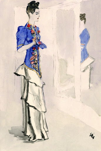 Sketch of Blue Chiffon Jacket and White Crepe Dress, Vogue