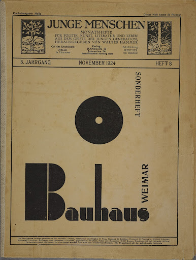 Cover and layout of the periodical "Junge Menschen" (Young people. Monthly bulletins for politics, art, literature and life from the spirit of the young generation). Special edition Bauhaus Weimar
