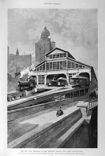 The New York Terminal of the Brooklyn Bridge, Now Under Construction. From Harper's Weekly, October 12, 1895, p. 971