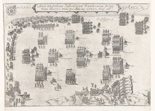 De Staatse en Spaanse legers staan tegenover elkaar op het strand bij Nieuwpoort (linkerblad), 1600