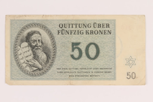 Theresienstadt ghetto-labor camp scrip, 50 kronen note 2012.168.4 front