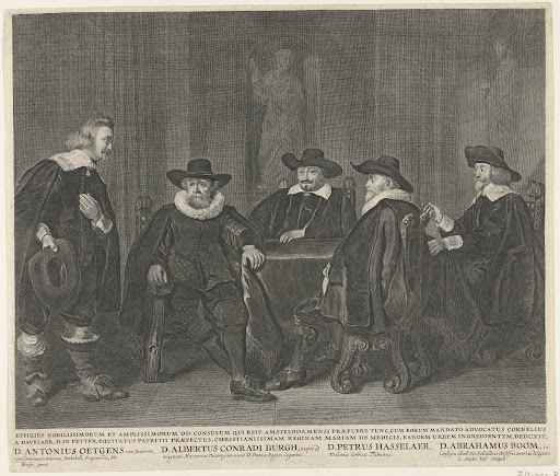 De vier Amsterdamse burgemeesters wachtend op het bericht van de aankomst van Maria de Médicis, 1638