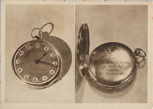 Pocztówka przedstawiająca złoty zegarek Fryderyka Chopina