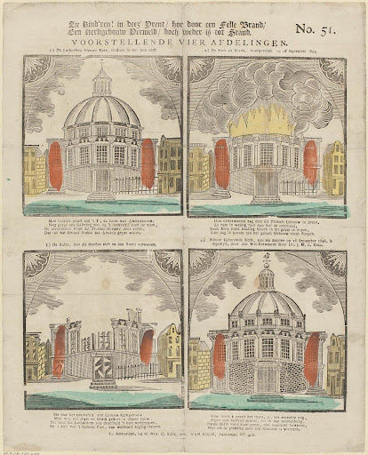 Zie kind'ren! in deez' prent / hoe door een felle brand / Een kerkgebouw vernield / doch weder is tot stand. / Voorstellende vier afdelingen