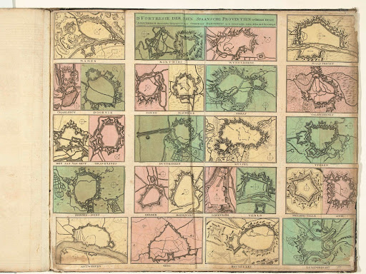 Schouwburg van den oorlog: blad met plattegronden van vestingen, ca. 1700-1710