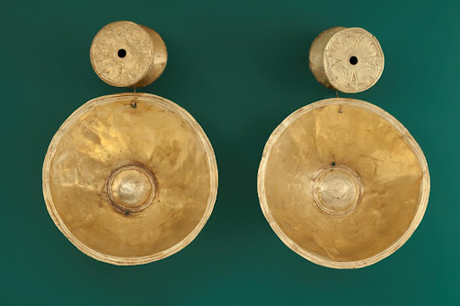 Pair of Hourglass-shaped Ear Ornaments with Disk Pendants