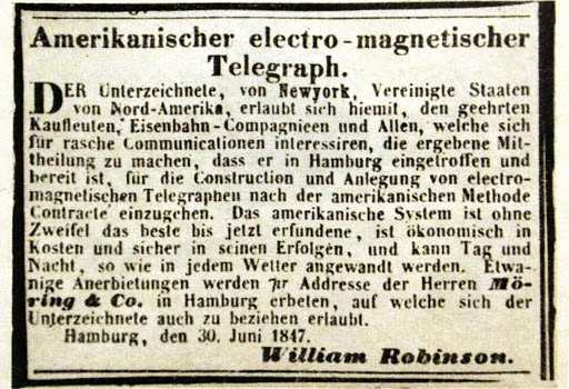Newspaper extract from the Börsen-Halle Hamburg newspaper; an advertisement for the newly imported Morse telegraph