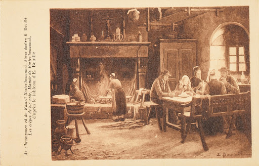 Ar c'hrampouez ed-du Kastell Rostec'houannek, diwar daolen E. Bouillé Les crèpes de blé noir, Manoir de Rostec'houannek, d'après le tableau d'E. Bouillé