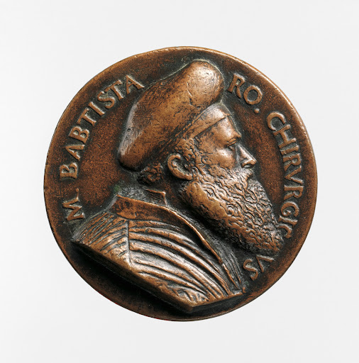 Portrait medal of Battista Vigo da Rapallo or Baptista Romanus (obverse); a Hand Holding a Branch and a Surgical Instrument