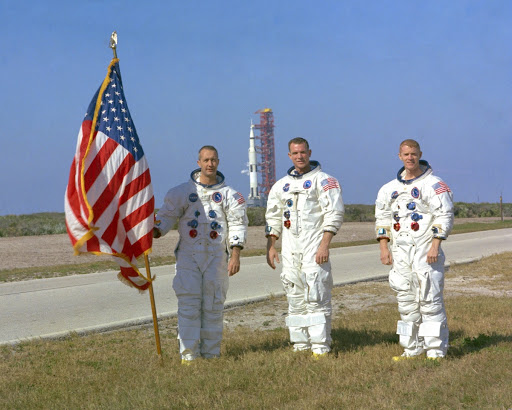 Apollo 9 astronauts left to right James McDivitt David Scott and Russell Schweickart pause.