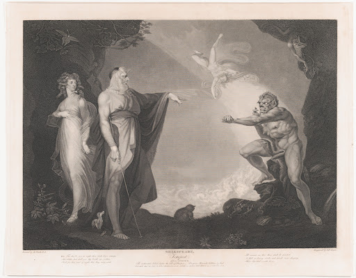 The Enchanted Island Before the Cell of Prospero - Prospero, Miranda, Caliban and Ariel (Shakespeare, The Tempest, Act 1, Scene 2)