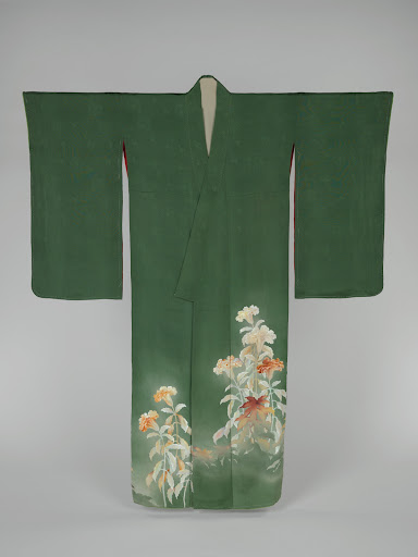 緑綸子地鶏頭模様着物|Kimono with Cockscomb Flowers