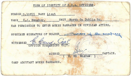 An Fórsa Cosanta Áitiúl (FCÁ) identity card for Haughey