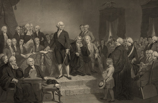Print showing George Washington delivering his inaugural address before members of the Congress