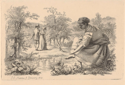 Wandelend paar en een meisje dat haar voeten wast