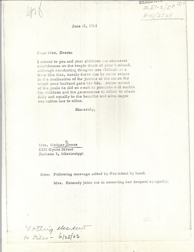 Condolence Letter to Mrs. Medgar Evers from President Kennedy
