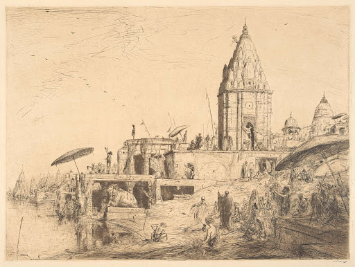 Badende Hindoes aan de oever van de Ganges in Varanasi