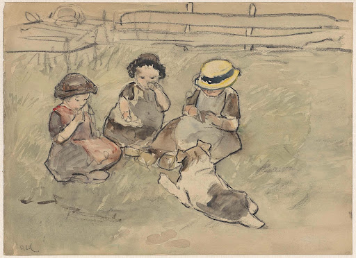 Drie meisjes met een hond zittend in een weiland