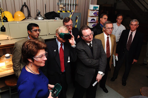 NASA Space Science Advisory Committee Chairman Ed Wiler on tour of the Arc Jet Facility with G. Scott Hubbard Raj Venkatapathy and entourage.