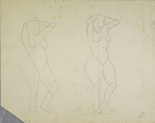 Untitled (Standing female nude to the right and abstract variant; exercise from Oskar Schlemmer's nude drawing class)