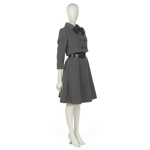Ensemble in grey wool twill, comrpising dress, jacket, and belt