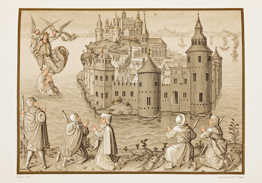 Miracle de la Vierge au Mont Saint-Michel d’après une peinture en camaïeu des Miracles de Notre-Dame (XVe siècle)