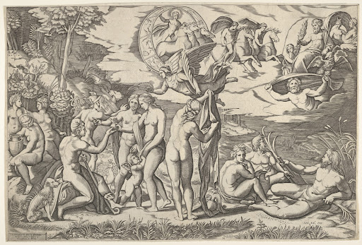 Judgment of Paris: Paris extends his hand toward Venus, who stands between Juno and Minerva, surrounded by reclining and seated figures; above are a winged figure carrying a laurel wreath, a charioteer driving four horses, Castor and Pollux, and Jupiter accompanied by Ganymede, an eagle, Diana, and two other female figures